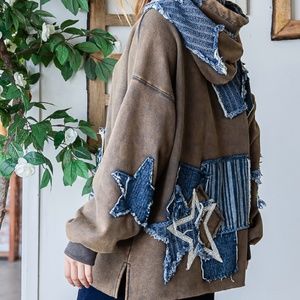 038 Cozy Mineral Wash Pocket Loose Fit Star Hoodie top